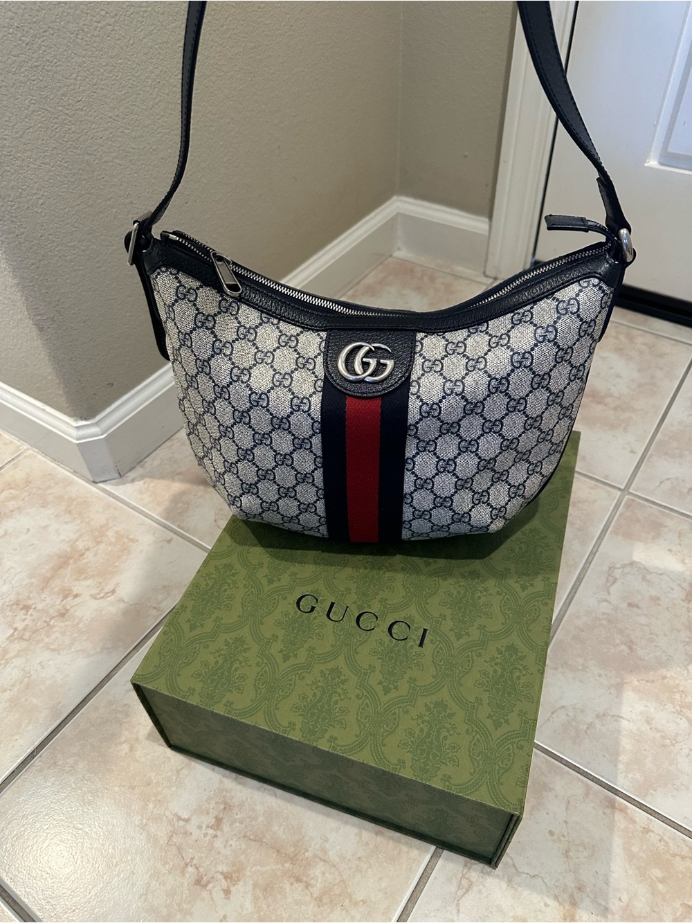 Gucci GG Supreme Canvas Crossbody with Navy and Red Web Stripe - Picture 9 of 10